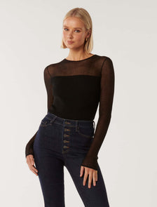 Brooke Sheer Mix-Knit Top Black