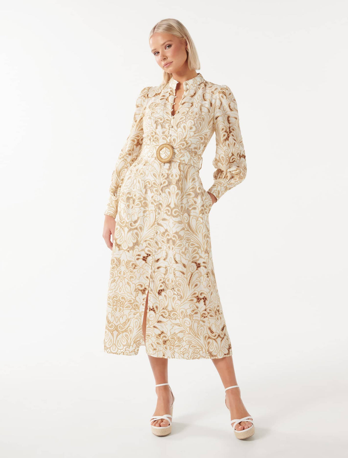 Fifi Broderie Long Sleeve Midi Dress Porcelain and Tan Broderie