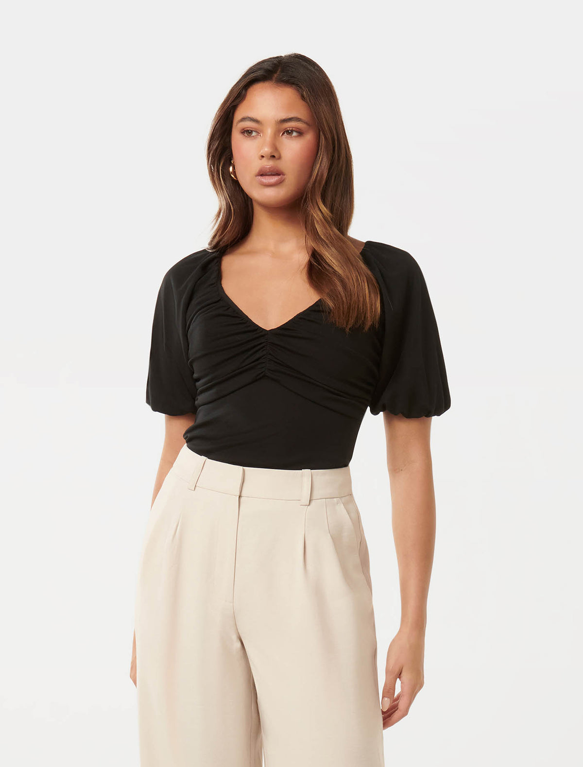 Desiree Ruched V Neck Raglan Top Black