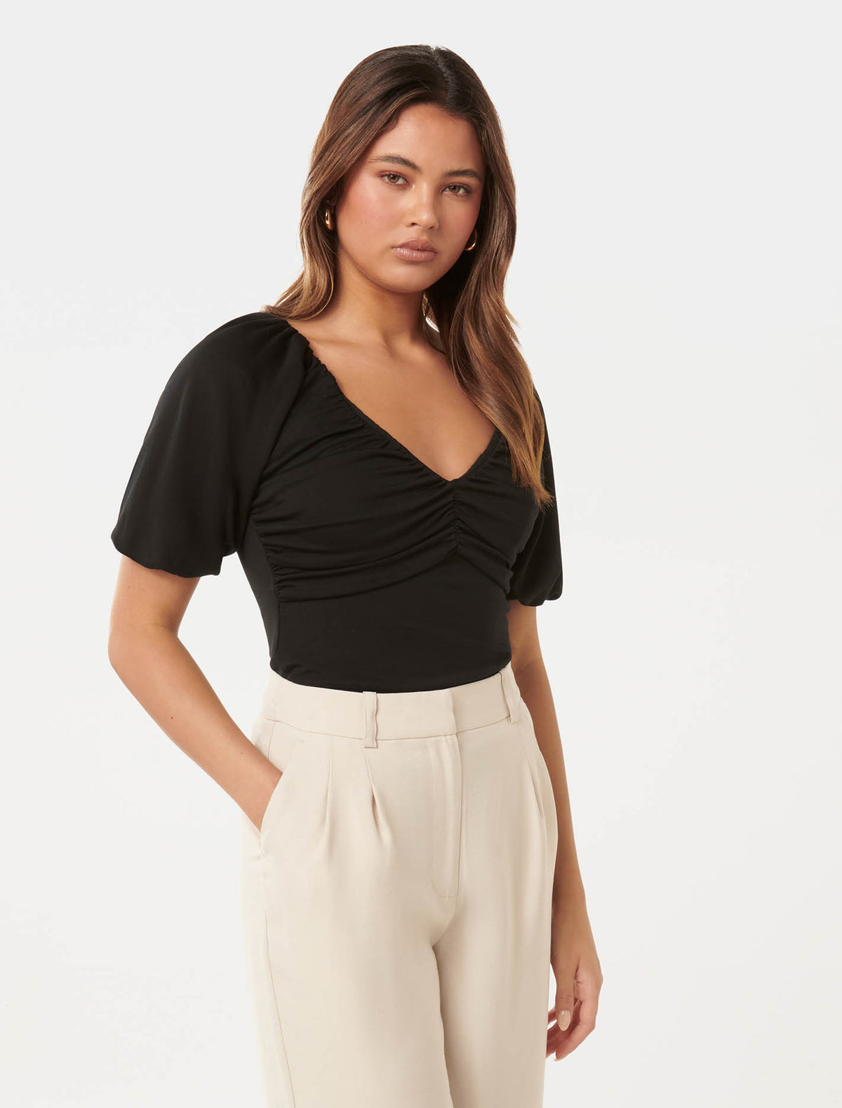 Desiree Ruched V Neck Raglan Top Black