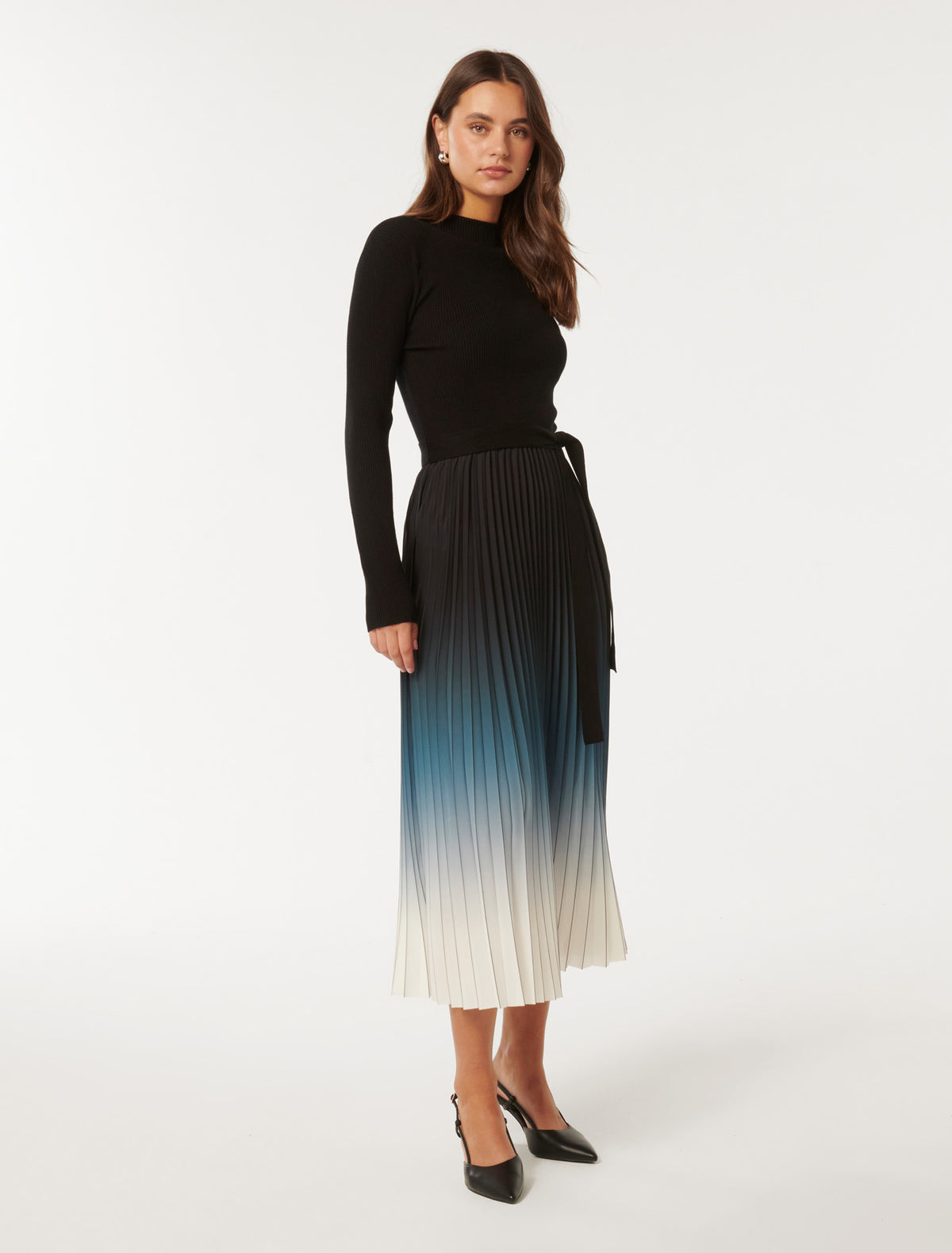 Harmony Ombre Pleat Midi Dress Black Ombre