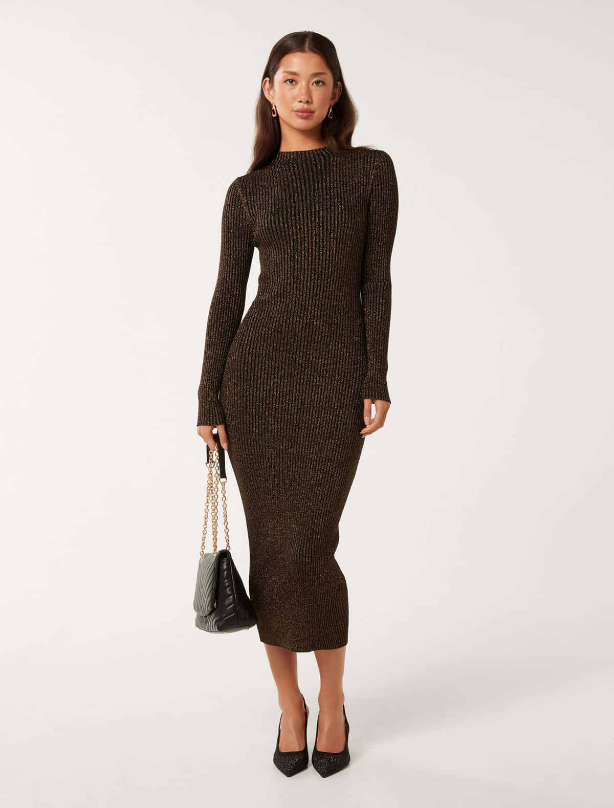 Eliza Ribbed Column Midi Dress Bronze Lurex
