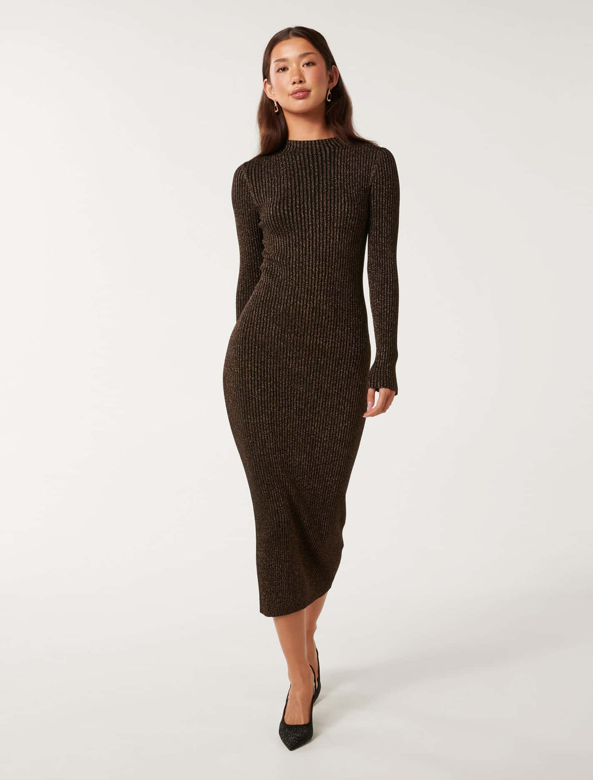 Eliza Ribbed Column Midi Dress Bronze Lurex