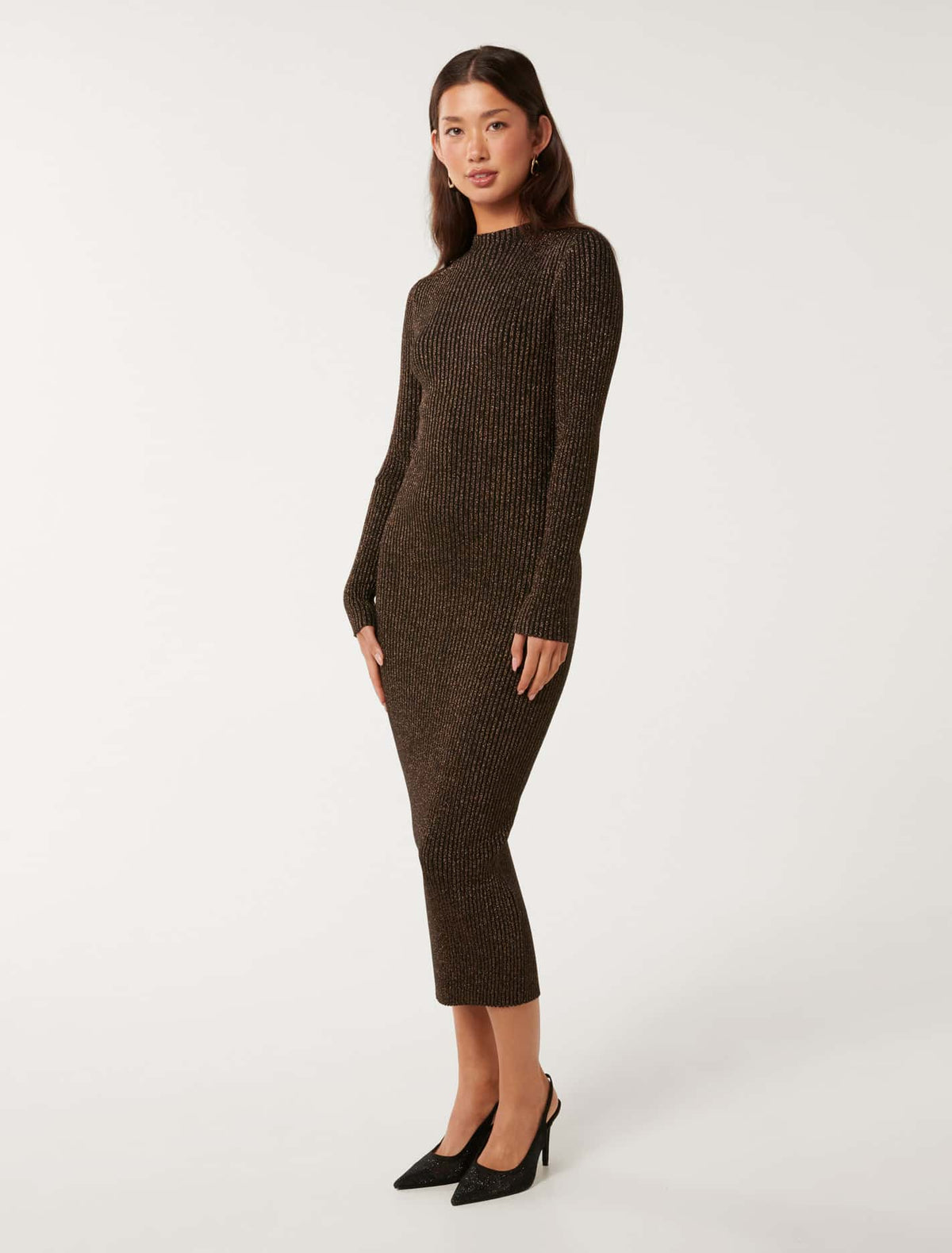 Eliza Ribbed Column Midi Dress Bronze Lurex