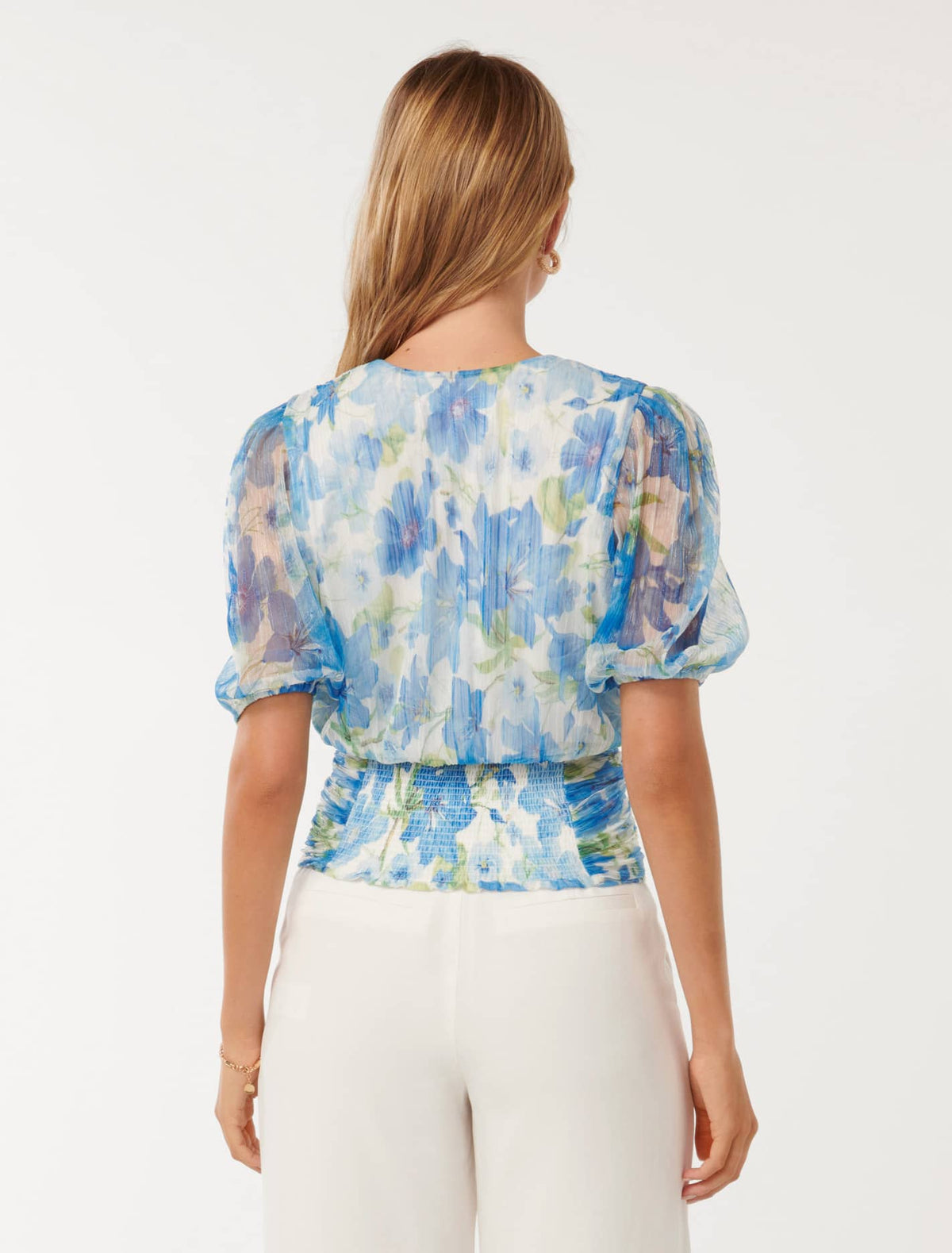 Wendall Wrap-Front Plisse Top Blue Calida Botanical