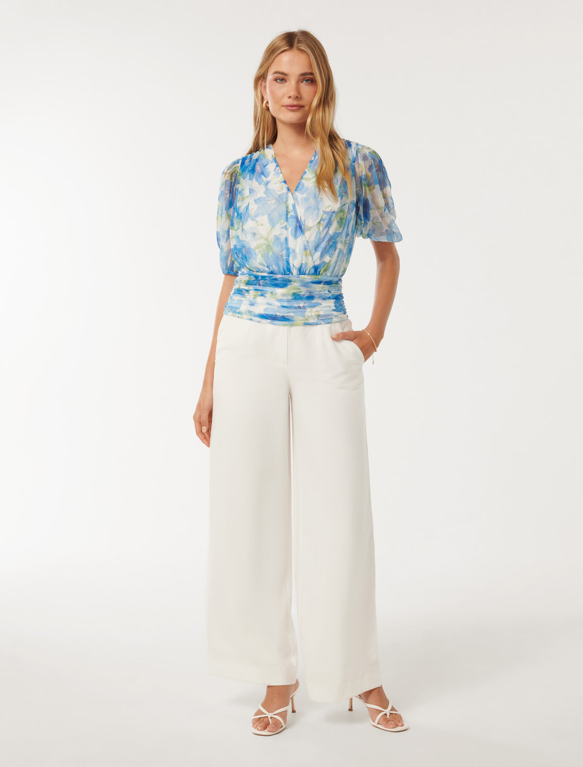 Wendall Wrap-Front Plisse Top Blue Calida Botanical