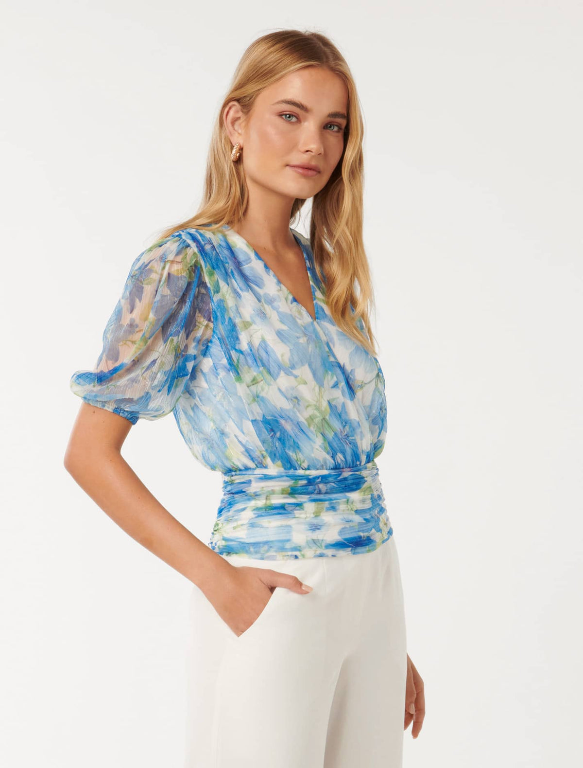 Wendall Wrap-Front Plisse Top Blue Calida Botanical