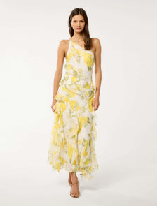 Belle One Shoulder Ruffle Gown Limone Floral