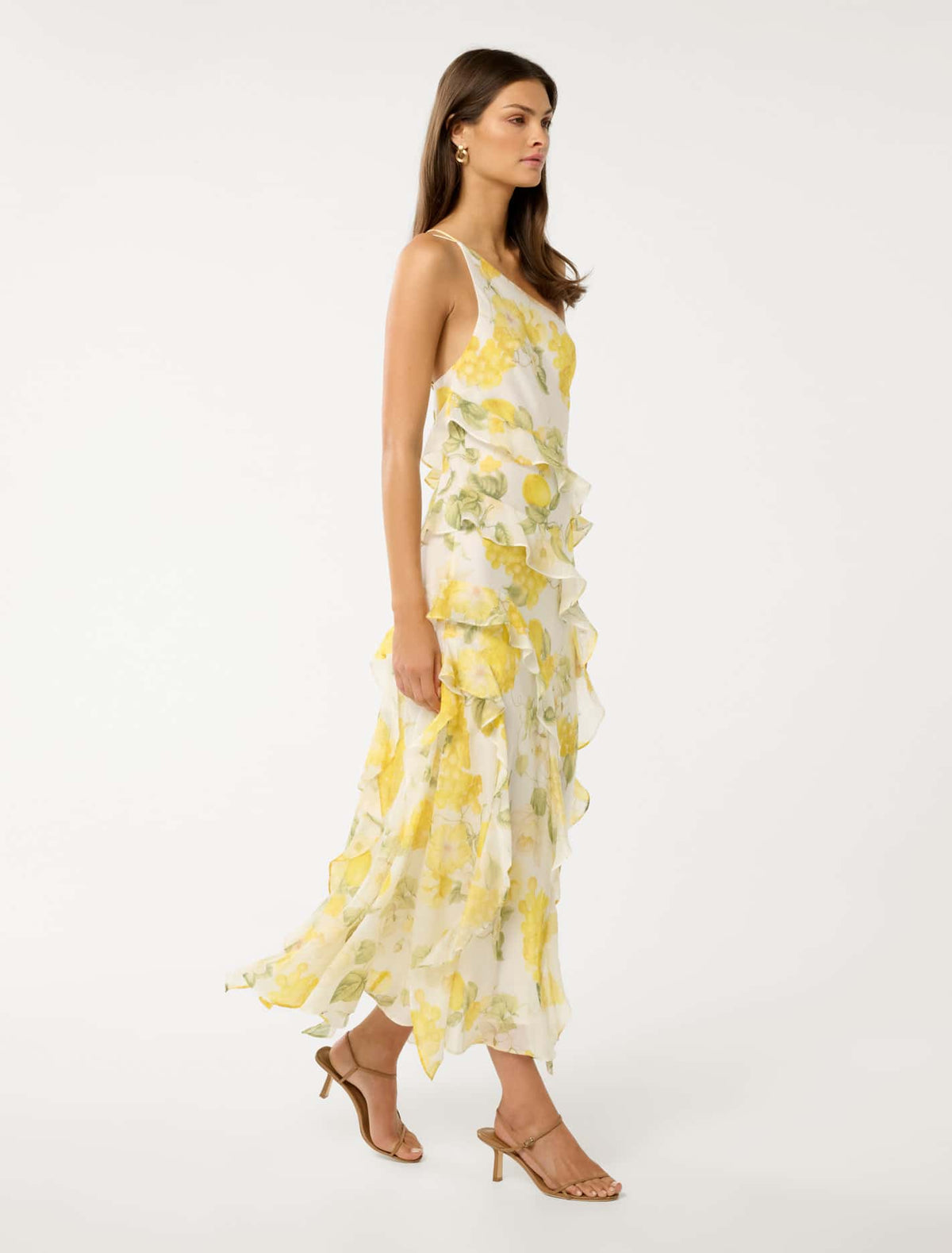 Belle One Shoulder Ruffle Gown Limone Floral