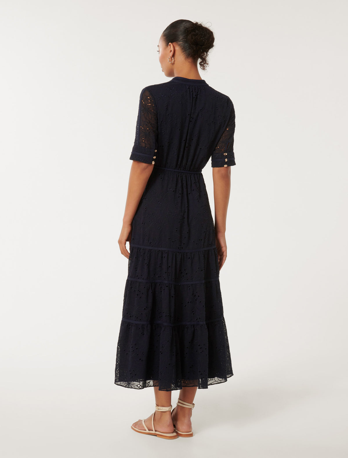Rachel Embroidered Short-Sleeve Midi Dress Navy
