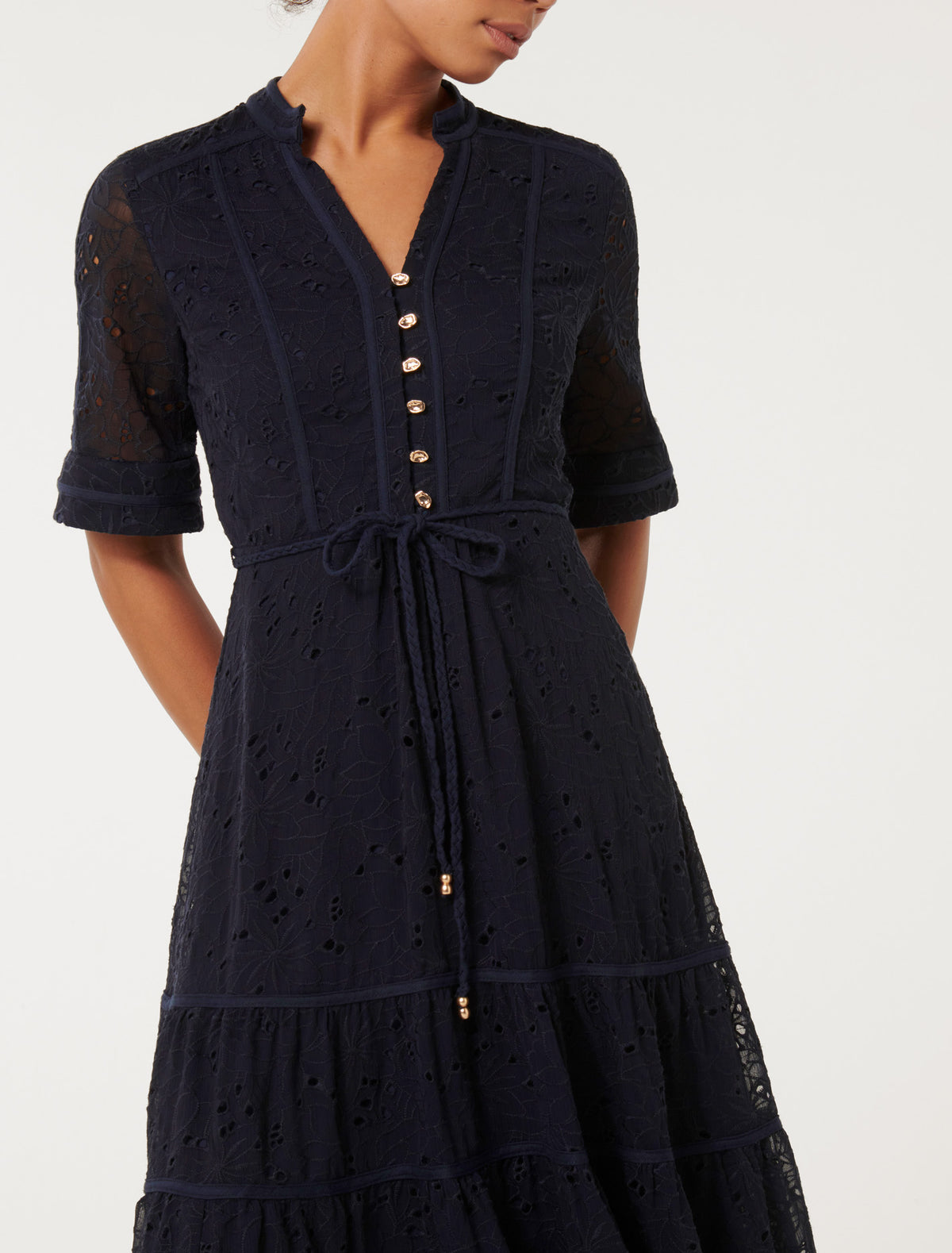 Rachel Embroidered Short-Sleeve Midi Dress Navy