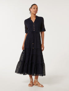 Rachel Embroidered Short-Sleeve Midi Dress Navy