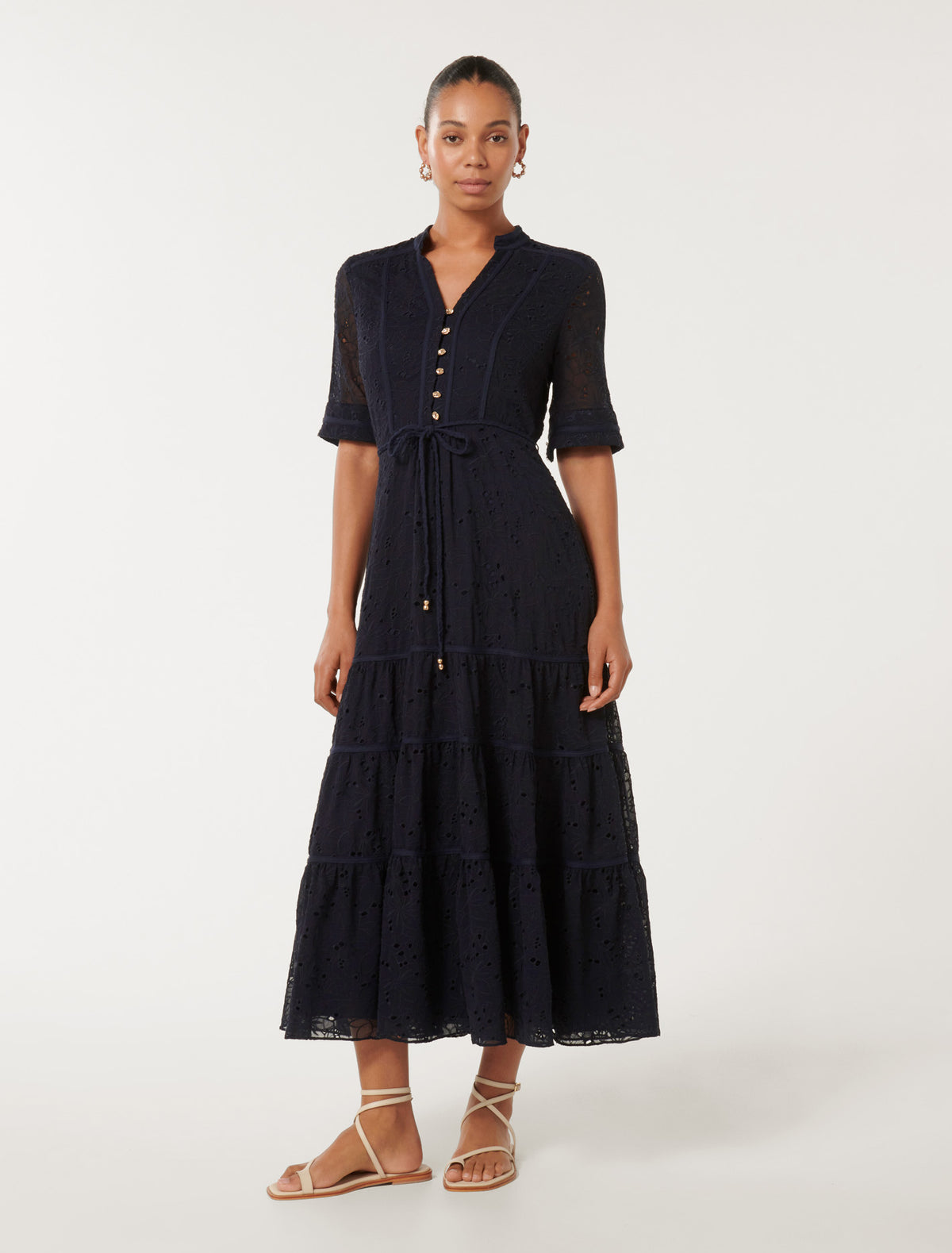 Rachel Embroidered Short-Sleeve Midi Dress Navy