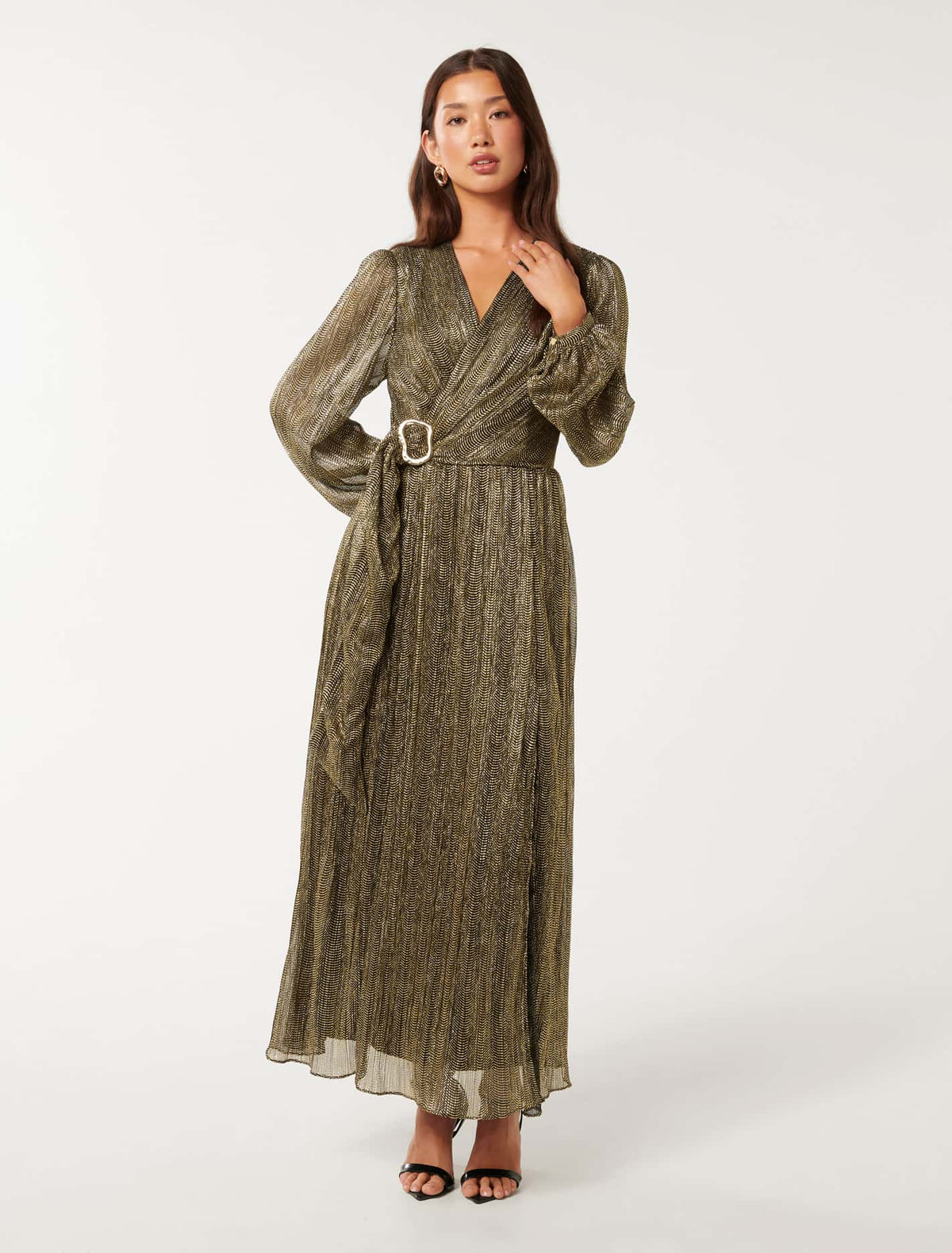 Tyler Plisse Belted Midi Dress Black & Gold