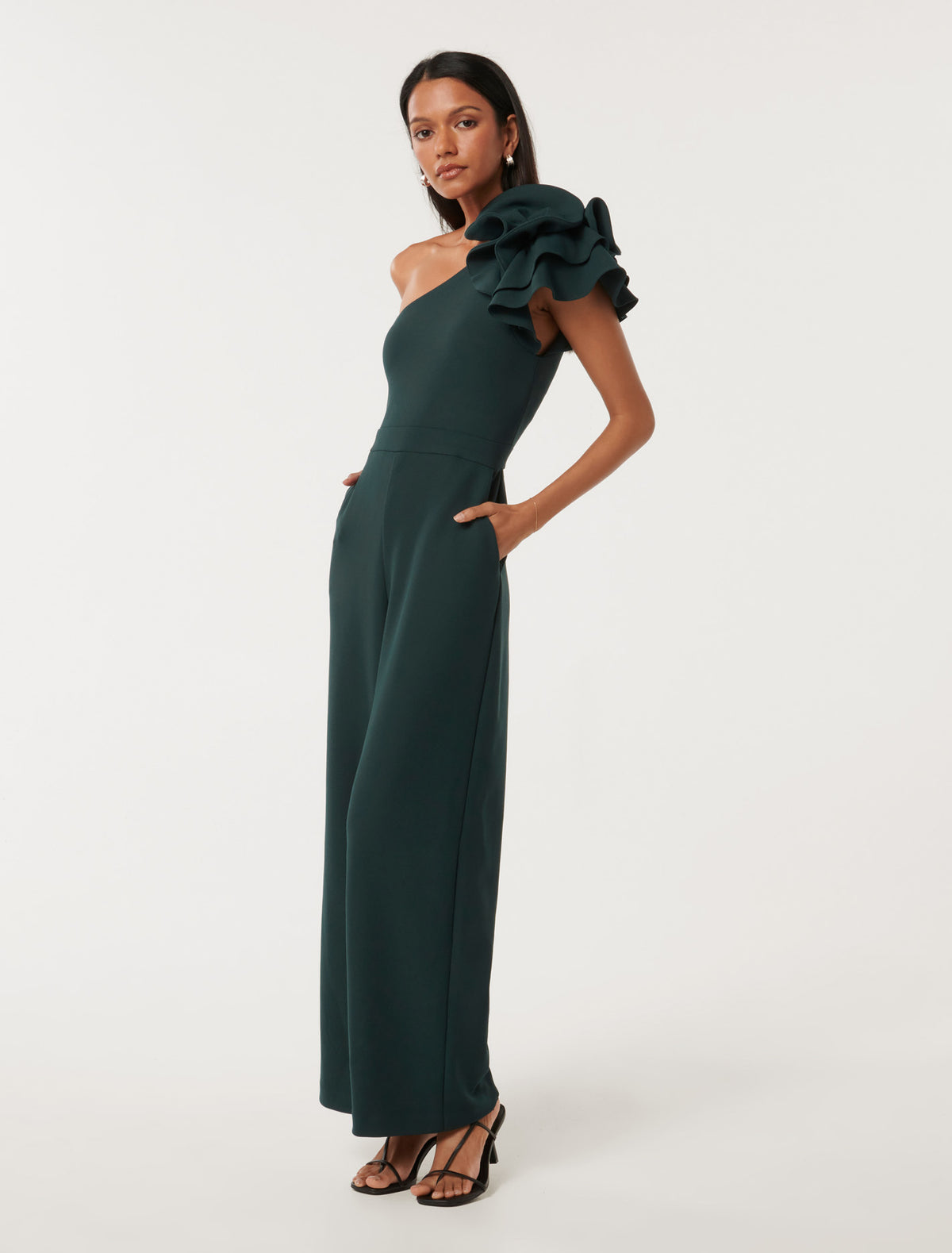 Celeste Petite Ruffle Jumpsuit Green