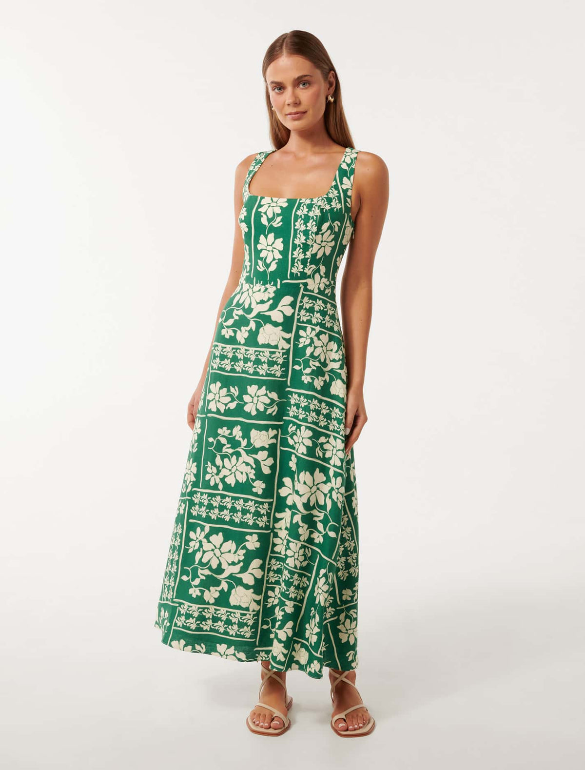 Tori Square-Neck Linen Midi Dress Lola Stencil