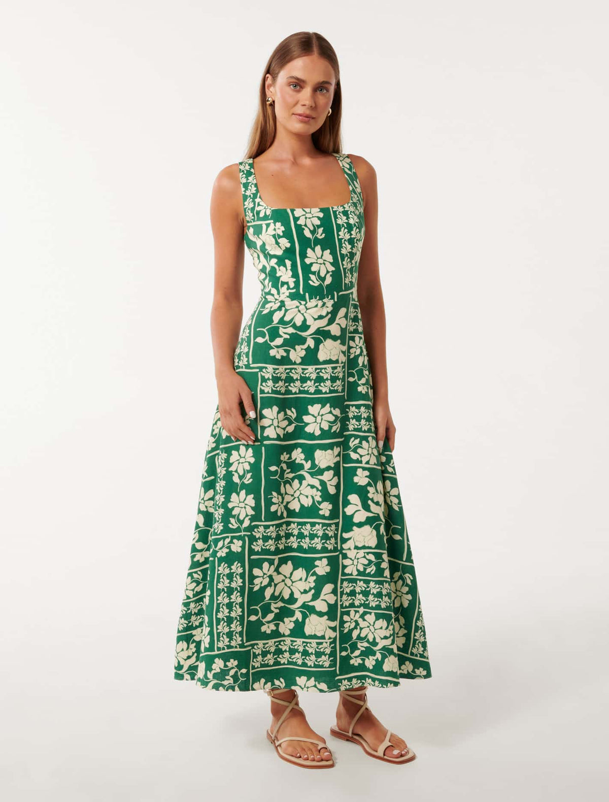 Tori Square-Neck Linen Midi Dress Lola Stencil