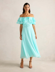 Jemima Ruffle Midi Dress Aqua Splash