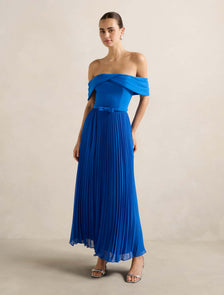Louise Off-Shoulder Pleat Midi Dress Cobalt Blue