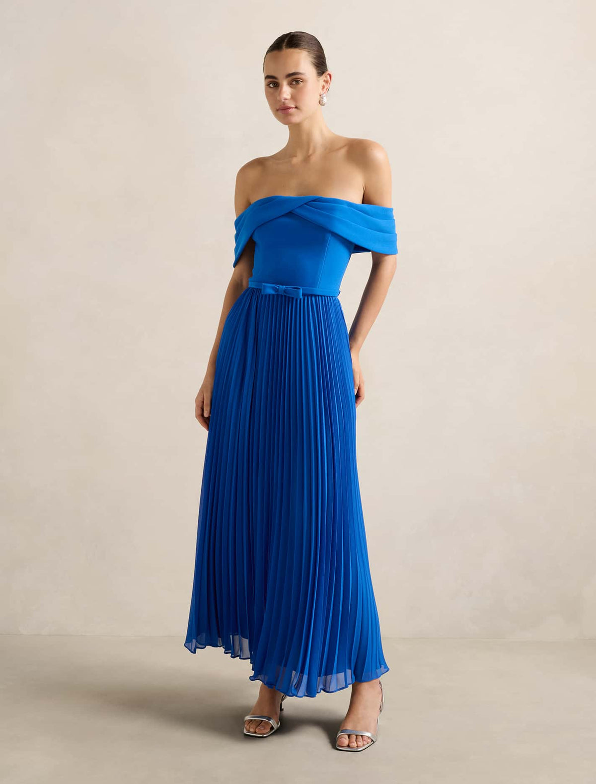 Louise Off-Shoulder Pleat Midi Dress Cobalt Blue