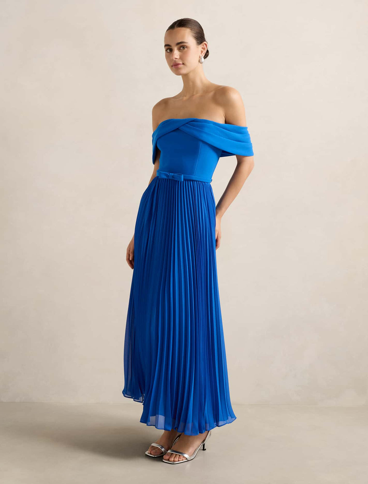 Louise Off-Shoulder Pleat Midi Dress Cobalt Blue
