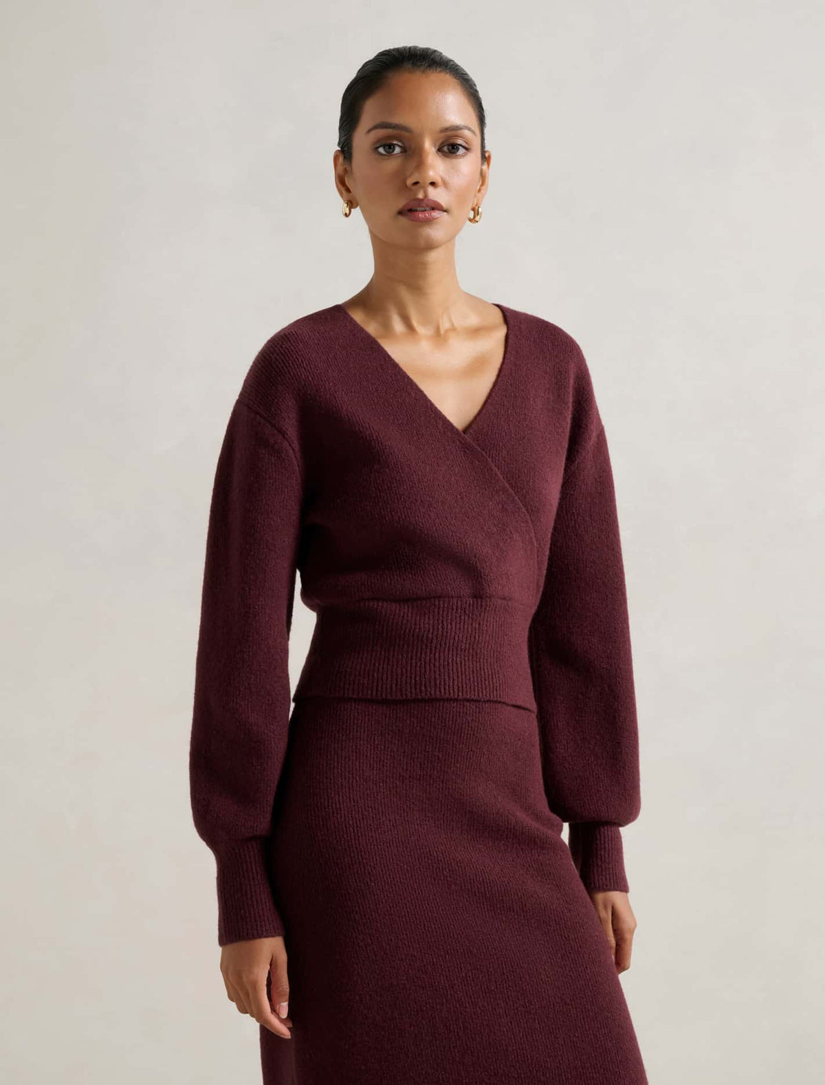 Sloane Petite Wrap Knit Sweater Mulled Wine