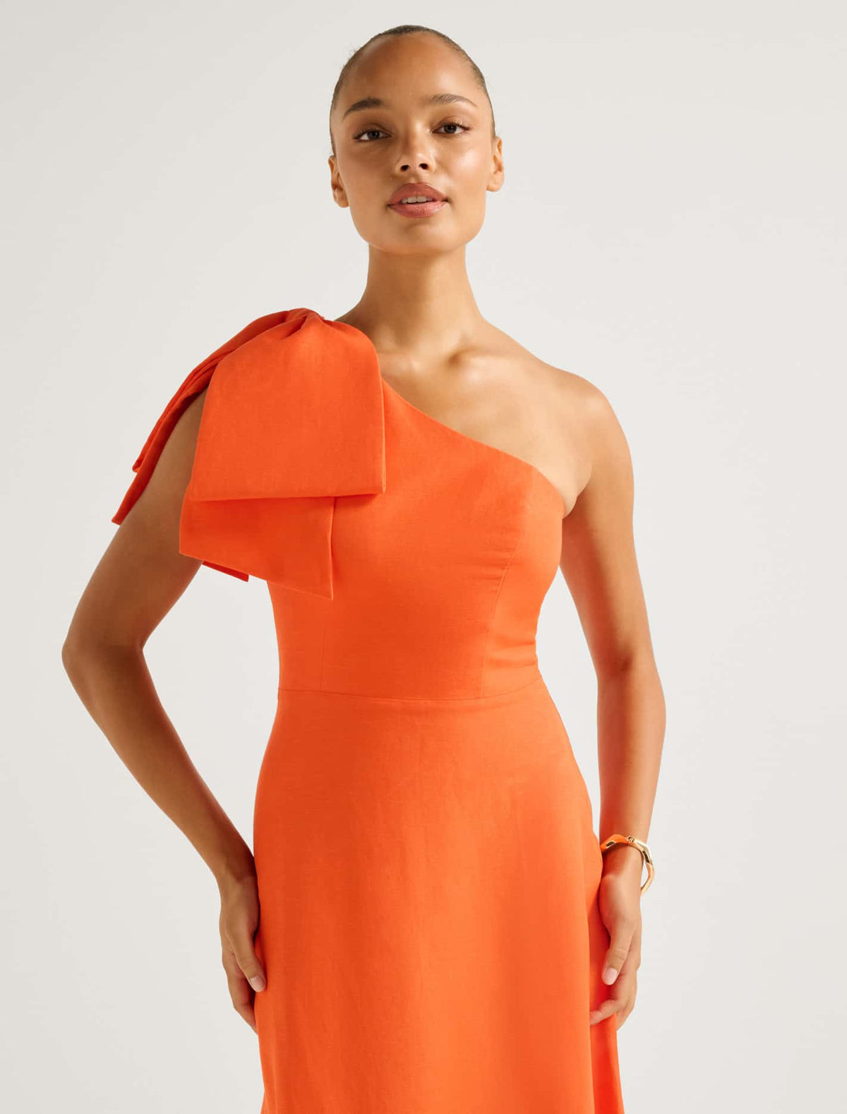 Danni Asymmetrical Bow Midi Dress Orange Fire