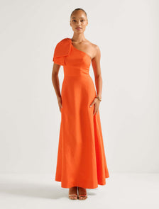 Danni Asymmetrical Bow Midi Dress Orange Fire