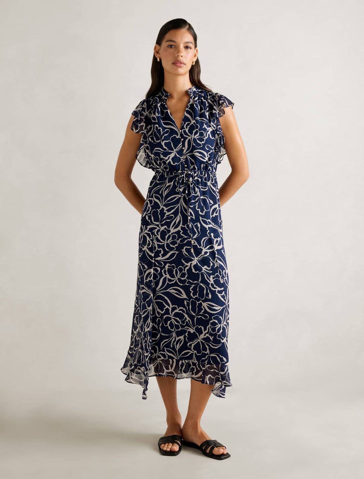 Maxwell Flutter-Sleeve Midi Dress Navy Myra Floral