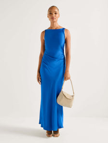 Parker Open-Back Satin Midi Dress Vivid Azure