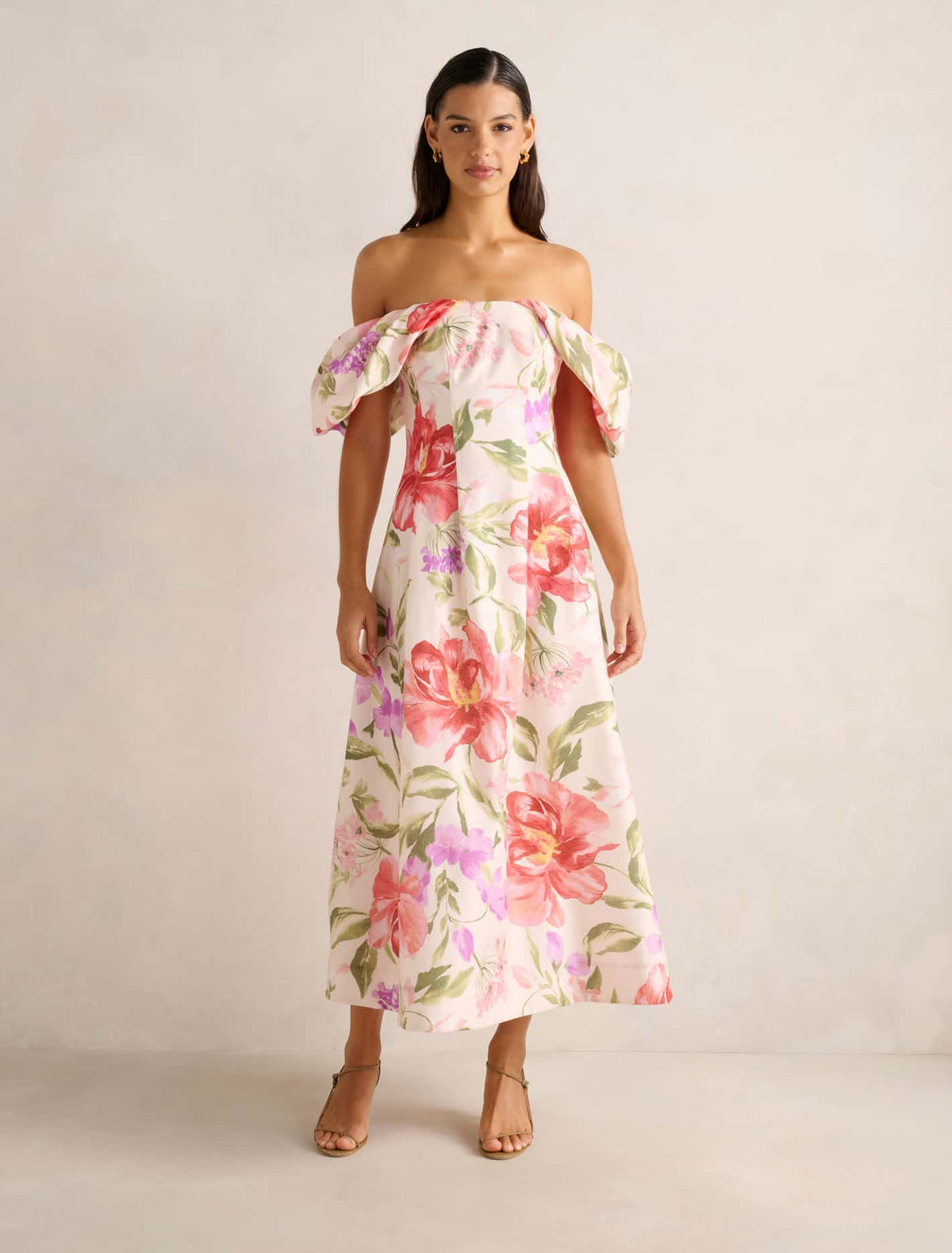 Janie Off-Shoulder Midi Dress Pink Lyell Floral