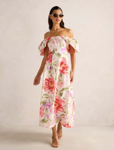 Janie Off-Shoulder Midi Dress Pink Lyell Floral