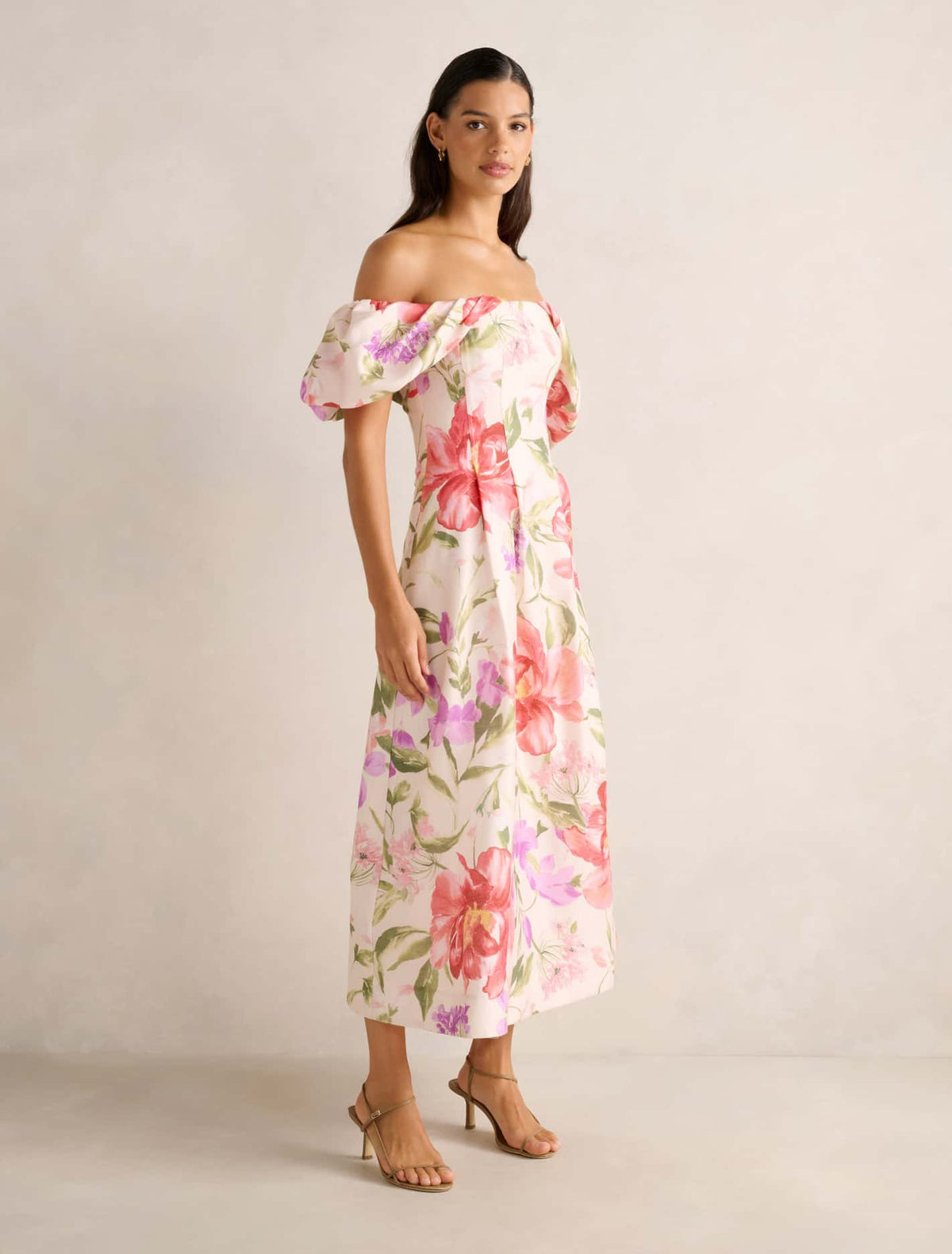 Janie Off-Shoulder Midi Dress Pink Lyell Floral