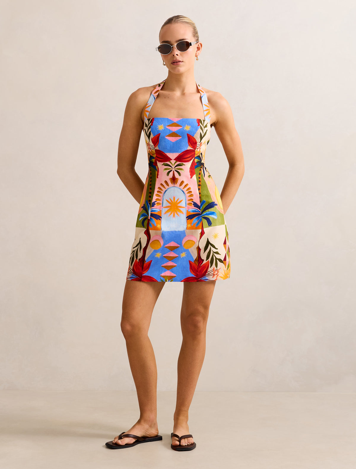 Keely Halter-Neck Linen Mini Dress Bright Havana