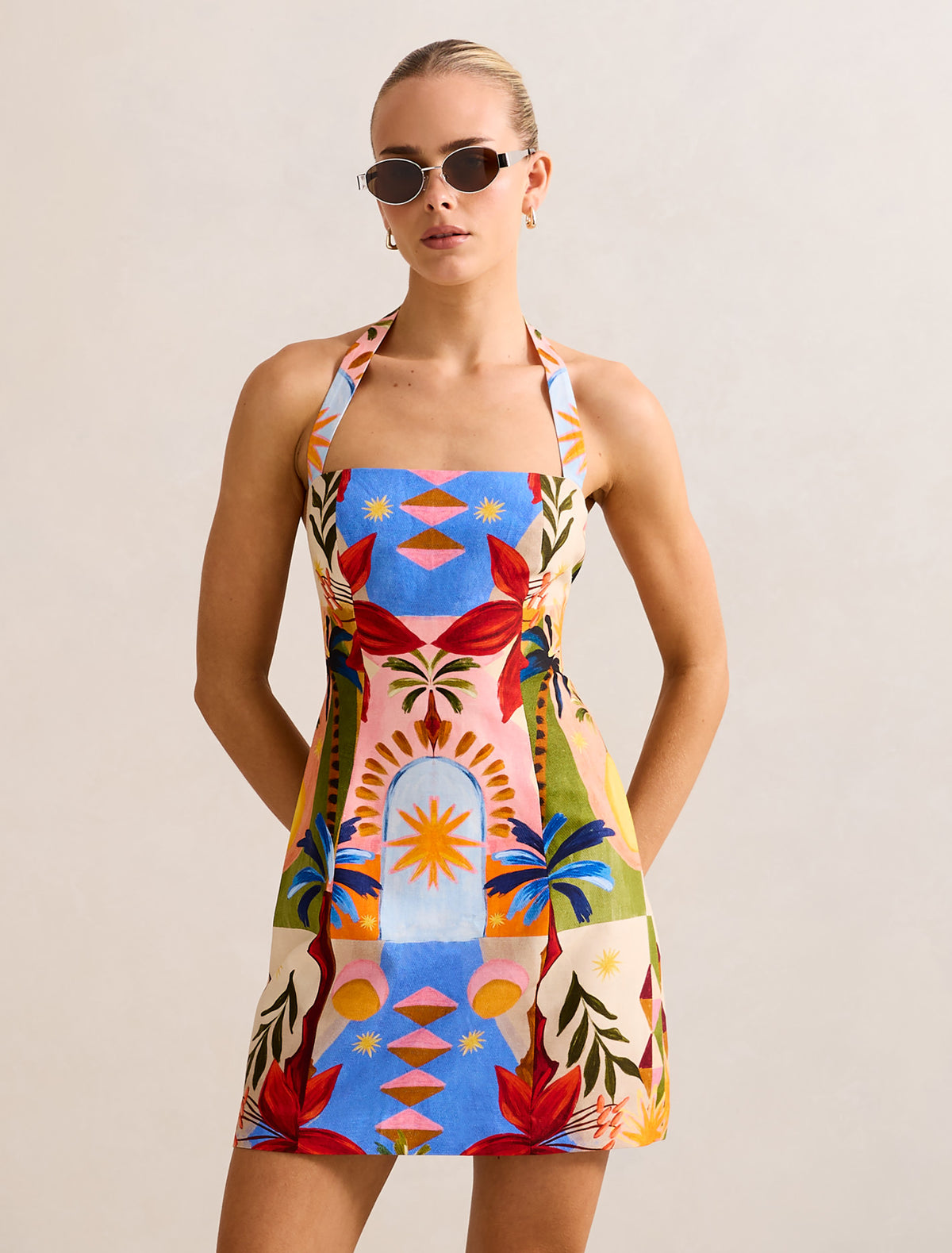Keely Halter-Neck Linen Mini Dress Bright Havana