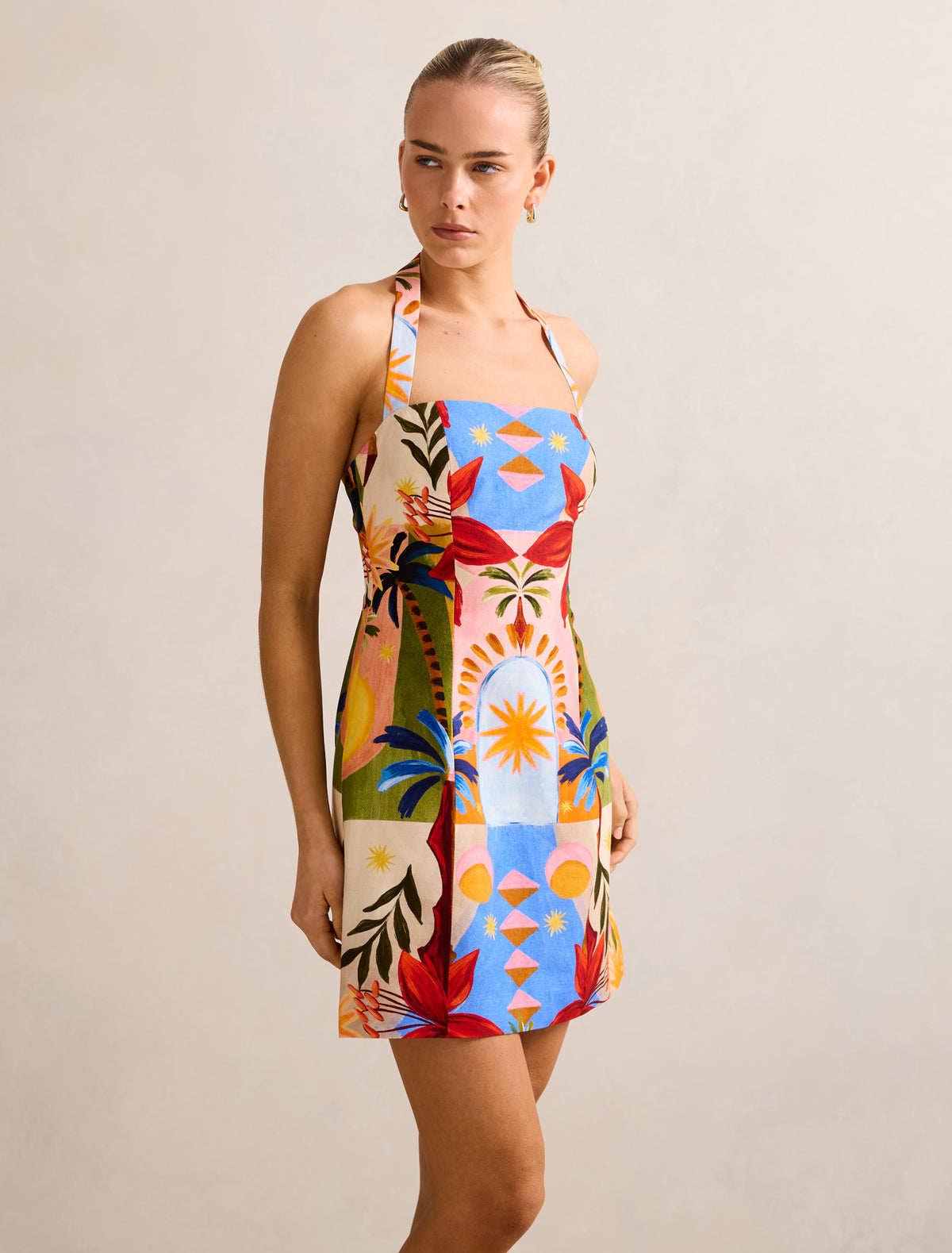 Keely Halter-Neck Linen Mini Dress Bright Havana