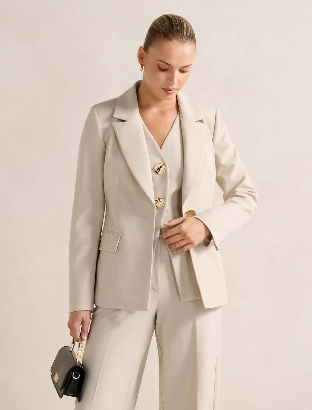 Lulu Gold-Button Blazer Milk Marle Suit