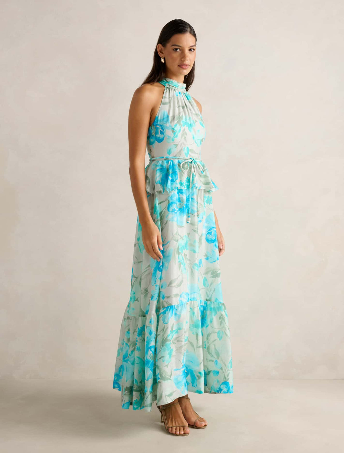 Serena Halter Peplum Maxi Dress Mint Lyell Floral