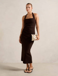 Georgie Halter Ruched Bodycon Dress Chocolate