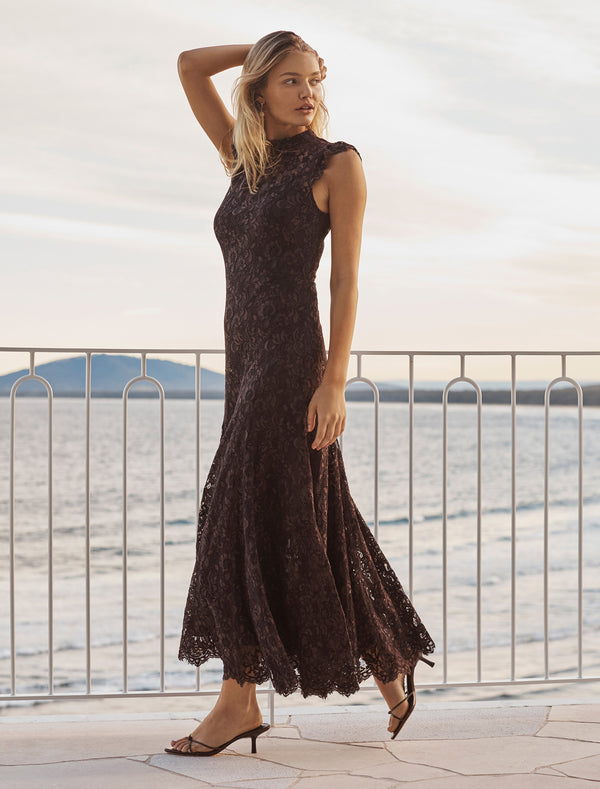 Arielle Lace Midi Dress Plum Brown