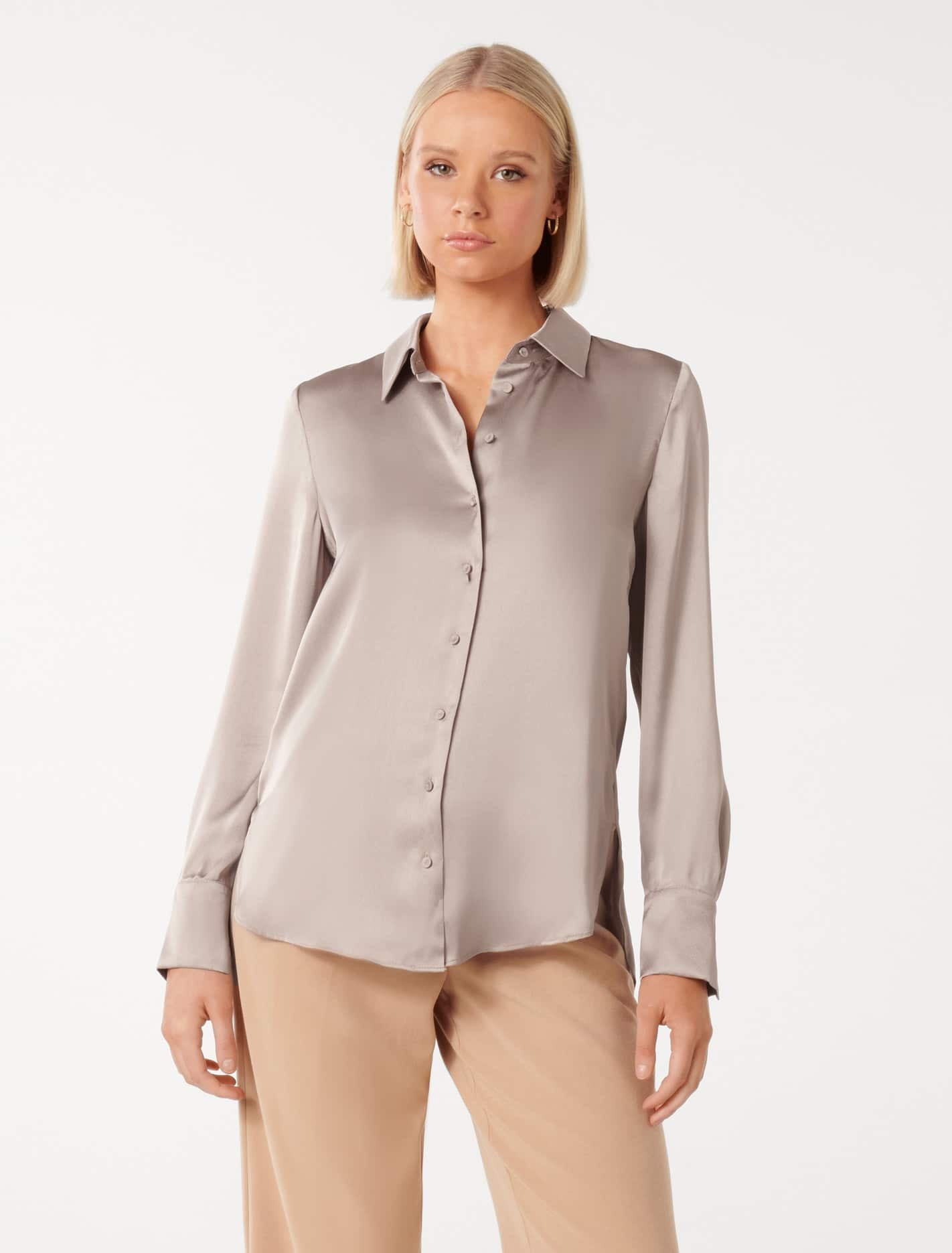 Forever New Women's Celia Satin Shirt in Mocha