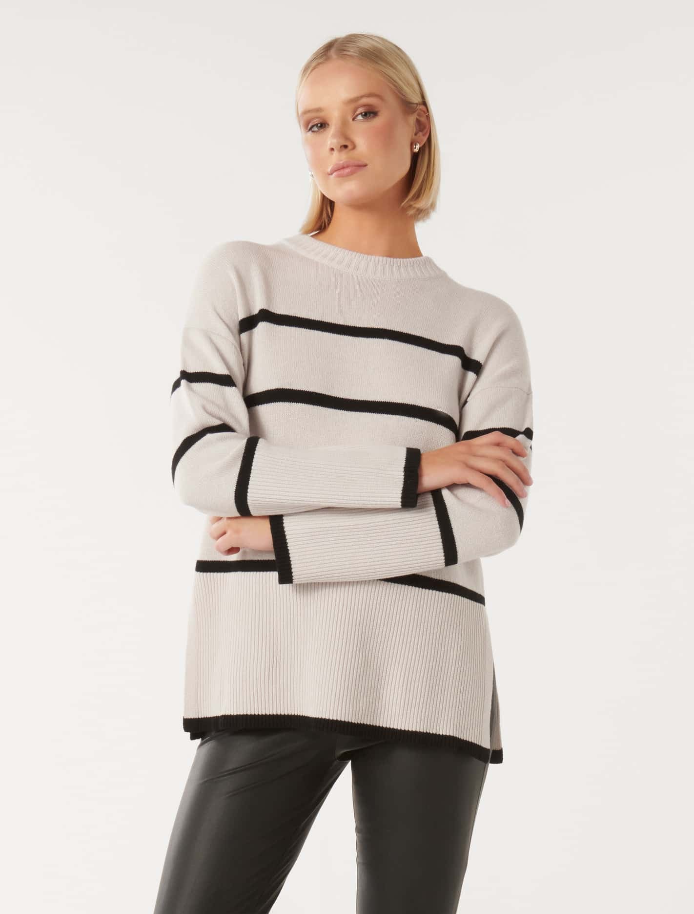 Forever New Women's Bianca Relaxed Longline Crew Neck in Stone/Black Stripe