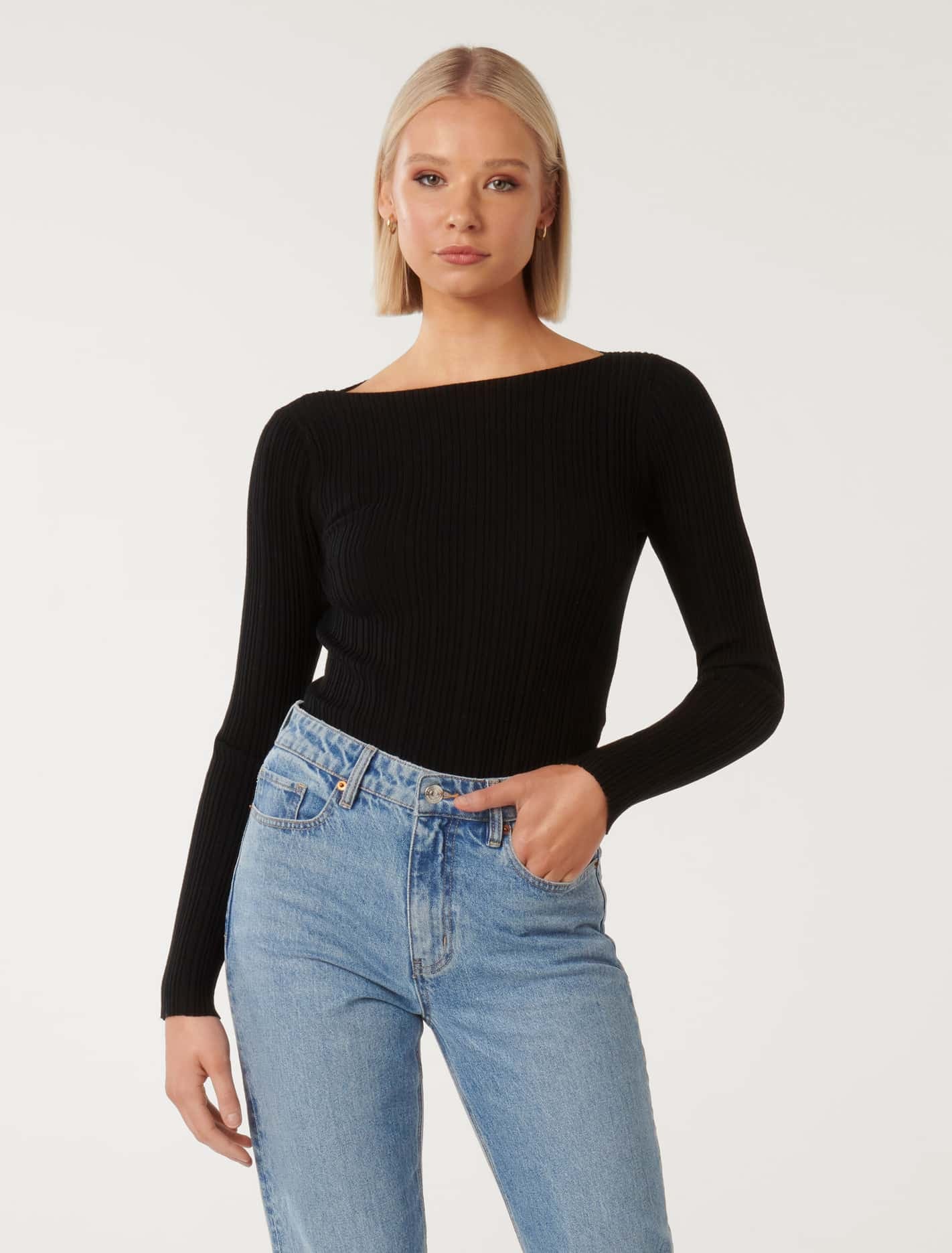 Forever New Women's Evie Long Sleeve Rib Knit Top in Black