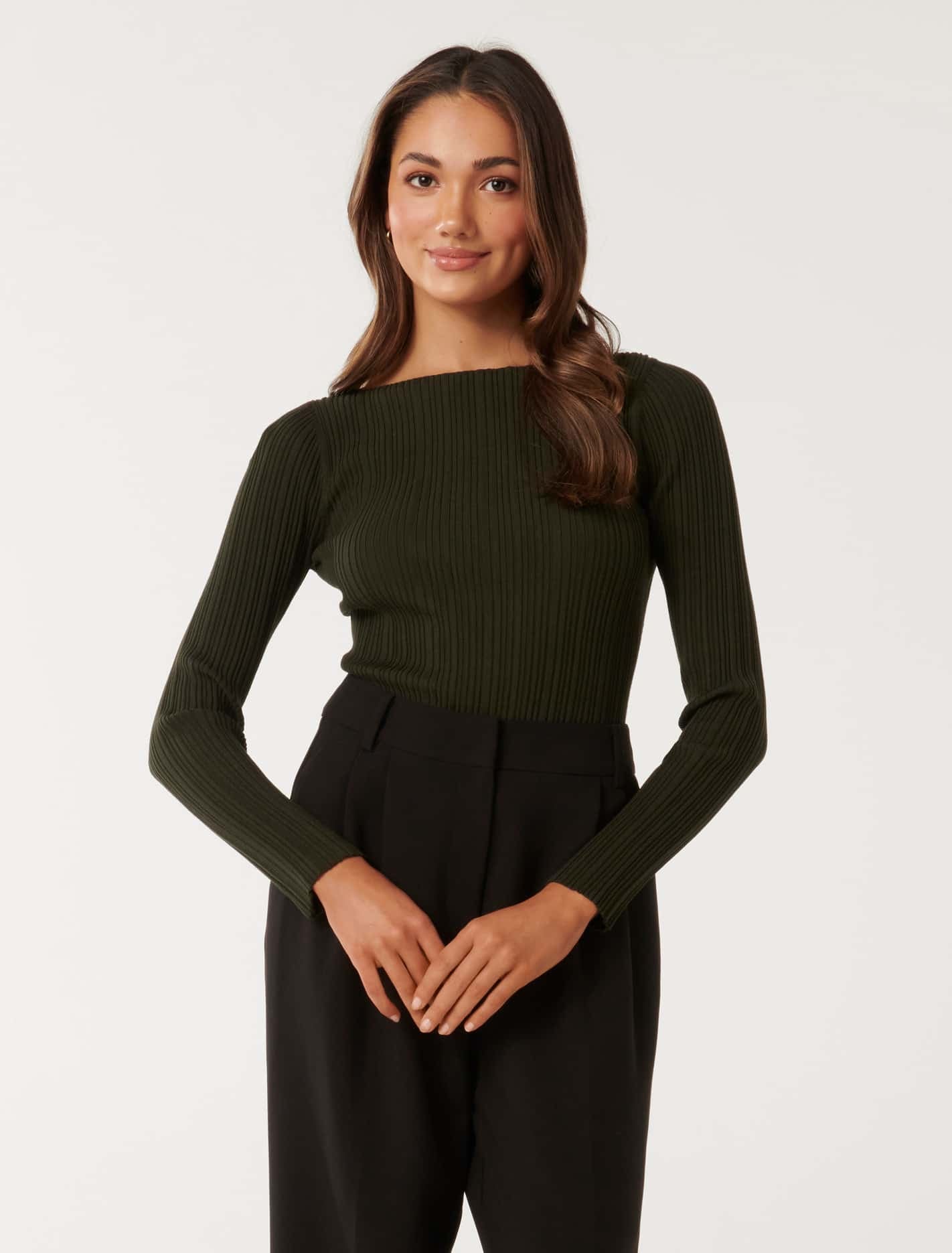 Forever New Women's Evie Petite Long-Sleeve Rib Knit Top in Green