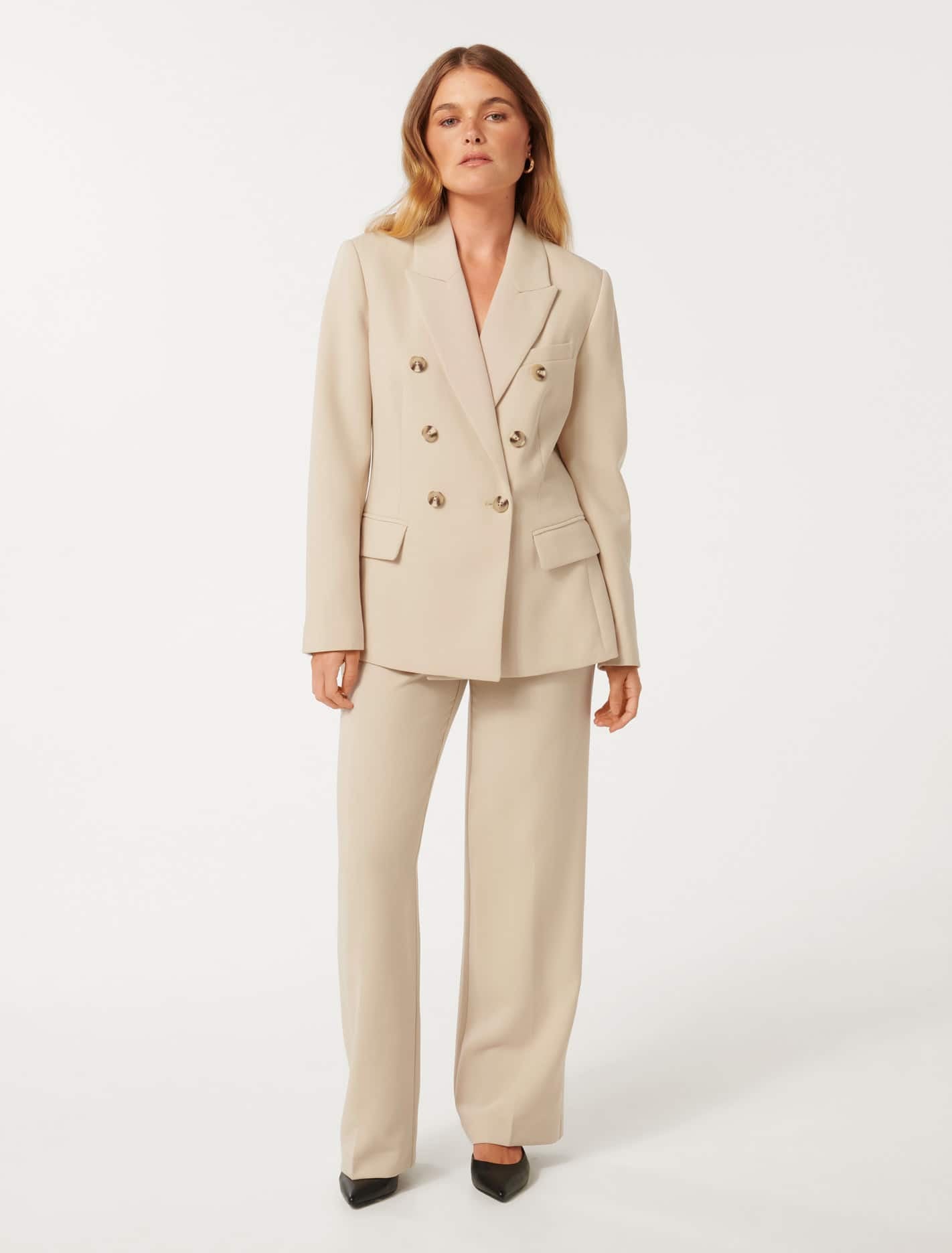 Forever New Women's Immie Petite Double-Breasted Blazer Jacket in Light Stone Suit