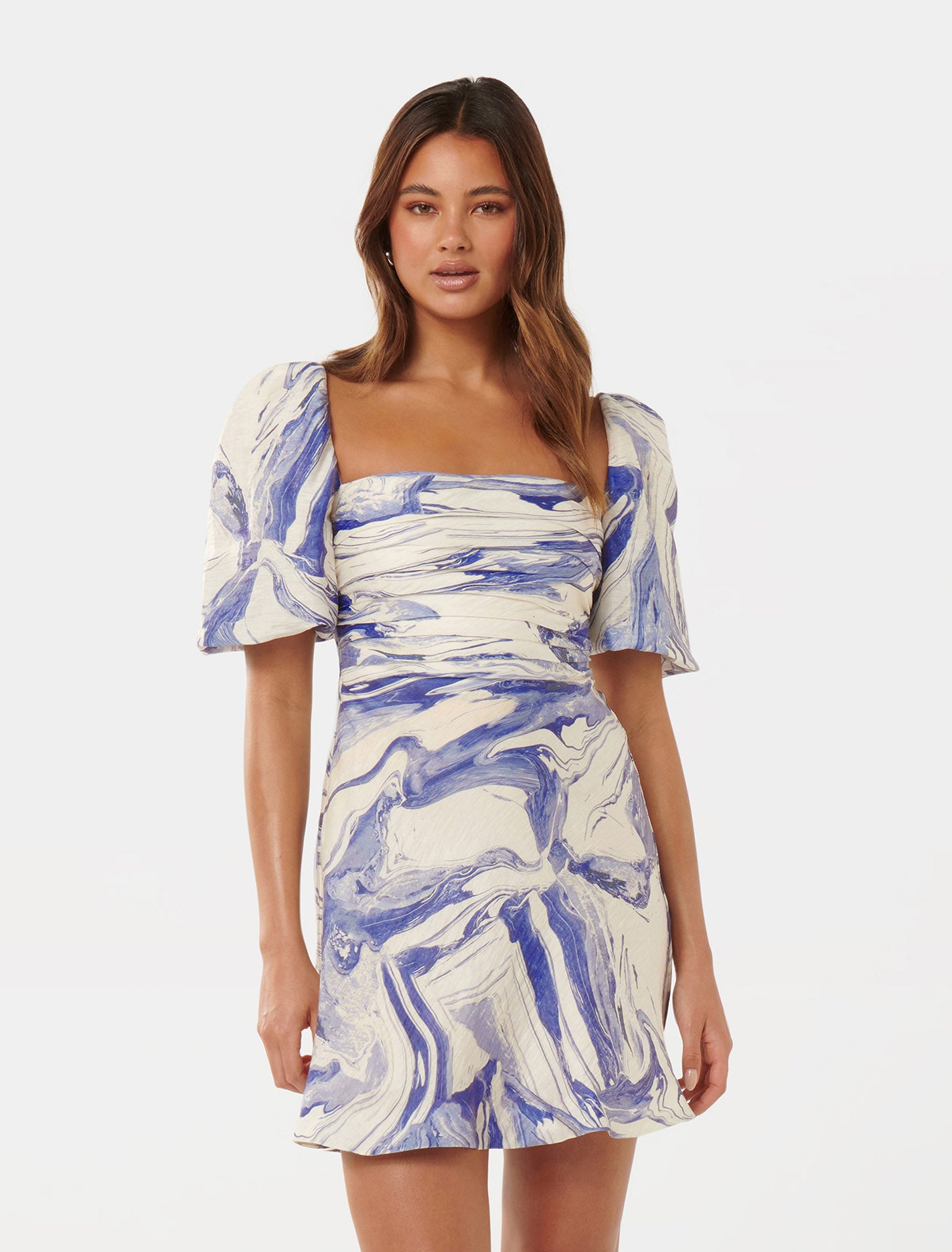 Forever New Women's Abigail Printed Puff-Sleeve Mini Dress in Blue Sahara Marble